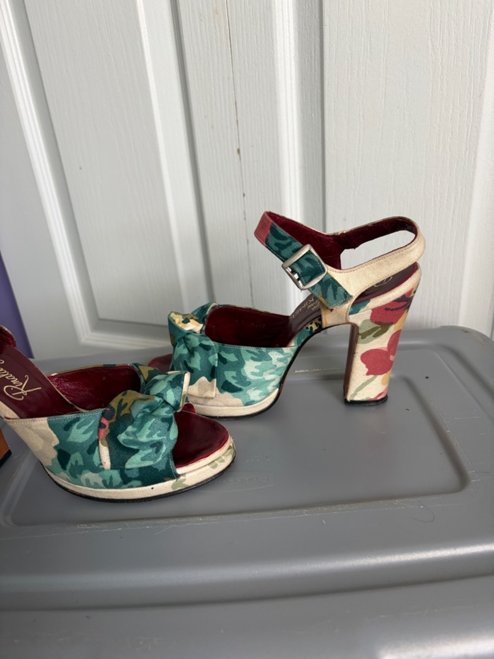 VINTAGE Rinaldo Felsotini Teal, Burgundy & Cream Floral Knot Block Heels - Picture 4 of 8